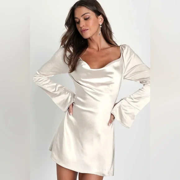 Lulus Sensational Fate Champagne Satin Cowl Neck Mini Dress - Picture 1 of 9